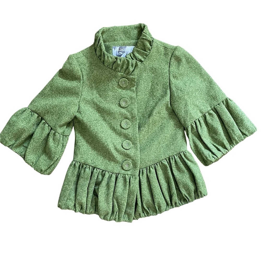 Mac and Jac‎ Peplum Blazer Jacket XS Ruched Green Retro Feminine Ruffle Puff